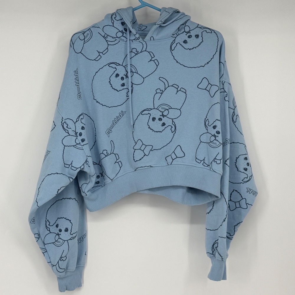 Monchhichi Sekiguchi Blue All‎ Over Print Cropped Hoodie Sweatshirt Small Womens